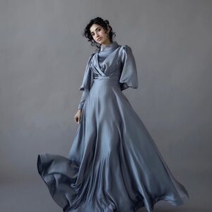 BLUE PUFF SLEEVE MODEST BALL GOWN